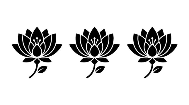 Flower lotus ornament icon with symmetrical petals, black ink style, and graceful stem for wellness and yoga branding