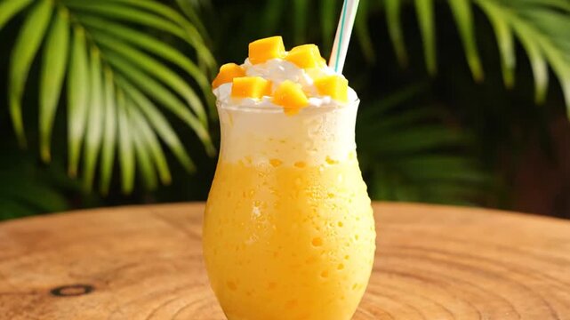 A tall glass of vibrant orange-yellow mango lassi topped with whipped cream and fresh mango cubes, served with a straw on a wooden table against a background of green palm leaves.