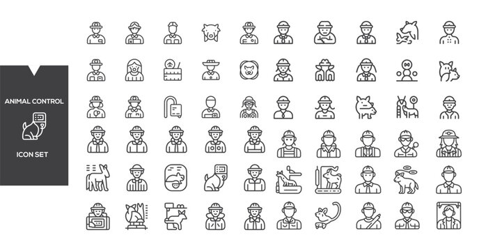 Animal Control Icon Set: A comprehensive collection of line art icons representing various aspects of animal control, including personnel, animal types, equipment, and regulatory symbols.