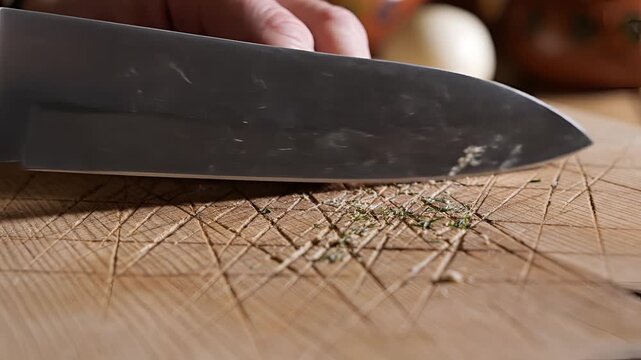 Closeup of a knife chopping herbs on a wellused wooden cutting board.