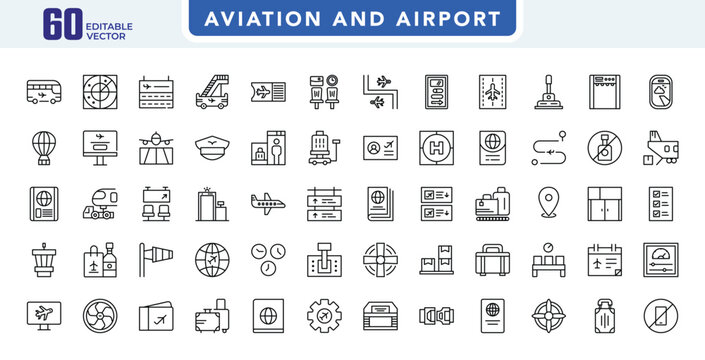 Aviation vector icons. Airport and flight navigation outline signs set. Travel airplane line icon