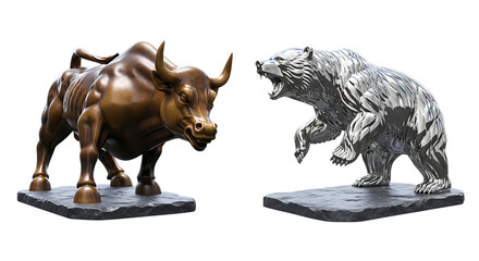 Fototapeta premium Bronze Bull and Silver Bear Statues Facing Each Other on Dark Bases, Representing Stock Market Trends and Financial Concepts
