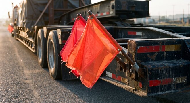 Cinematic close-up of vibrant red safety warning flags on a heavy-duty industrial oversized load trailer