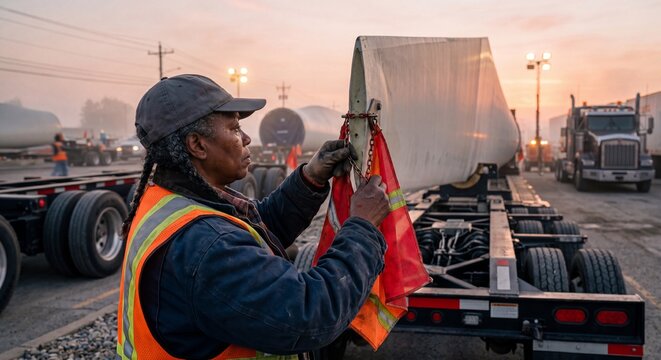 Candid portrait of heavy haul truck driver checking oversized load flags at sunrise
