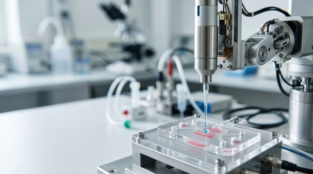 Medical technology robotic dispenser applying reagent to lab chip with sterile equipment and clinical environment creating