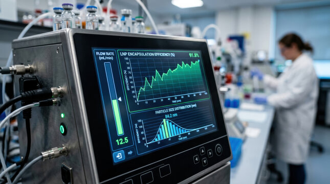 Medical technology lab instrument monitor displaying encapsulation efficiency graph and particle size distribution with