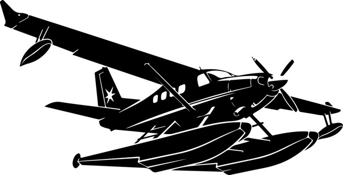 Black and white seaplane, vintage flying boat, float plane illustration, aircraft icon
