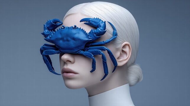 A woman's face is dramatically styled with a vibrant blue crab covering her eyes in a surreal, creative portrait.