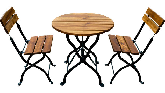 Wooden slatted bistro table and chairs set outdoor furniture, isolated on transparent background