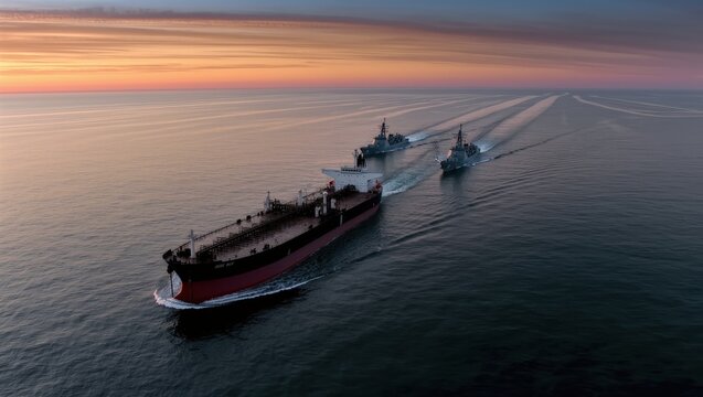 Oil Tanker Escorted By Naval Warships Crossing Calm Ocean At Sunrise