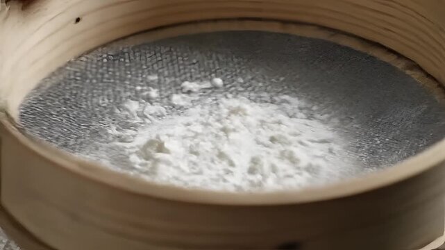 Closeup of Rice Grains Being Sifted in a Traditional Wooden Sieve.