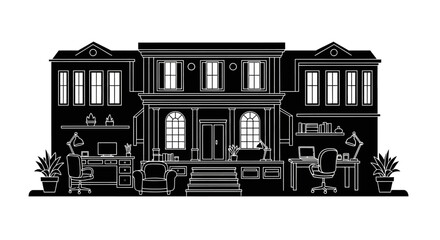 Fototapeta premium Modern Home Office Architecture Silhouette with Two Workstations