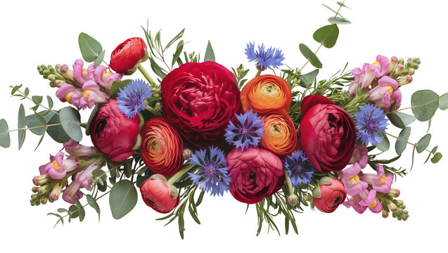Vibrant bouquet of red ranunculus pink snapdragons and blue cornflowers, isolated on transparent background