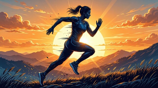 Sunrise bathes a runner in golden light. Determined stride leads through mountainous terrain. Wind tousles her hair as she moves forward. Distant hills glow beneath the rising sun