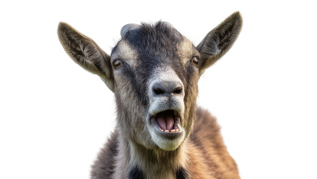 Surprised goat head with open mouth, isolated on transparent background
