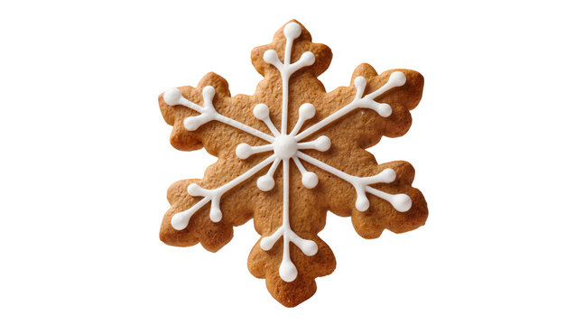 Gingerbread snowflake cookie with white icing details, isolated on transparent background