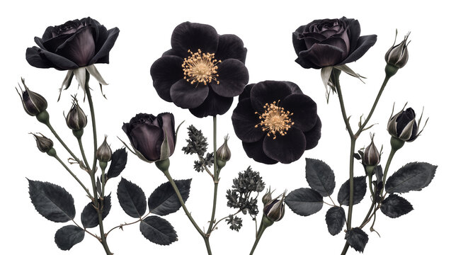 Dark black roses with buds and leaves, isolated on transparent background