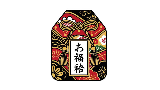 Traditional Japanese omamori charm, beautifully adorned with classic patterns like sakura and seigaiha, featuring a red bow and kanji for good fortune, symbolizing blessings and prosperity