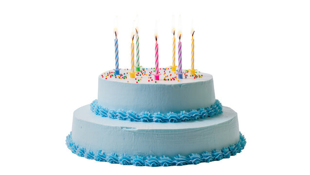 Two-tiered baby blue frosted cake with colorful candles and sprinkles, isolated on transparent background
