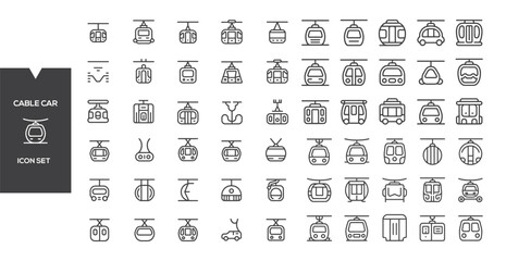 Cable Car Icon Set: A comprehensive collection of line art icons representing various cable car designs and styles, ideal for use in transportation or travel-related projects. © Afrojaart