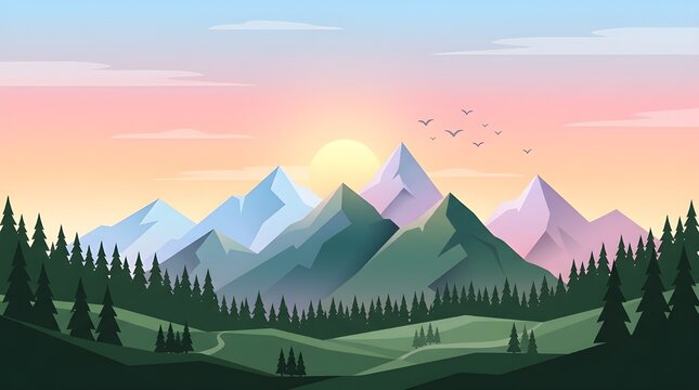 Mountain landscape with sunrise and sunset over forests, valleys, peaks, snow, clouds and mist