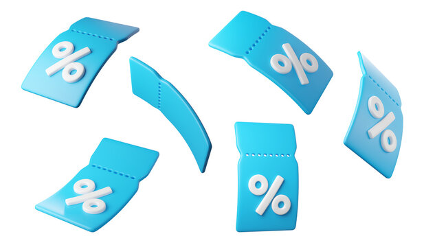 Set of Flying blue 3D discount tags with percent signs, isolated on background. Coupon labels for promotion, sales, banners.
