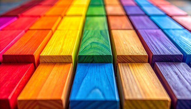 "Rectangular wooden blocks aligned in gradient rainbow sequence, smooth surface, colorful symmetry, aesthetic geometric organization and visual appeal."
