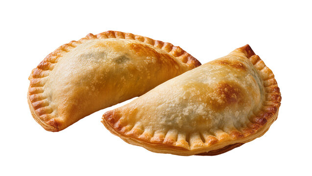 Golden brown baked empanadas with crimped edges, isolated on transparent background