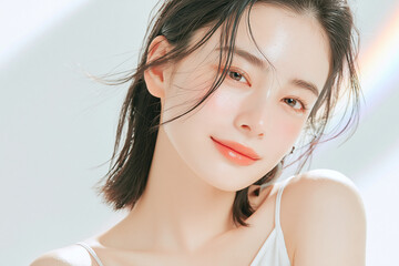 美容, 女性, スキンケア, 化粧品, ビューティー, 若い女性, 美肌, 日本人, アジア人, フェイシャル, メイク, 美容液, 保湿, クリーム, エイジングケア, 美容医療, エステ, 美容クリニック, 肌ケア, ナチュラルメイク, 透明感, ツヤ肌, モデル, 笑顔, ポートレート, クローズアップ, リラックス, 癒し, 健康的, 美白, コラーゲン, ヒアルロン酸, アンチエイジング