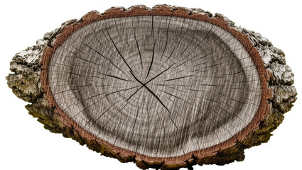 Fototapeta premium Rough bark tree stump cross-section with visible growth rings, isolated on transparent background