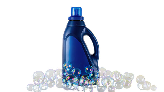 Dark blue laundry detergent bottle with bubbles, isolated on transparent background