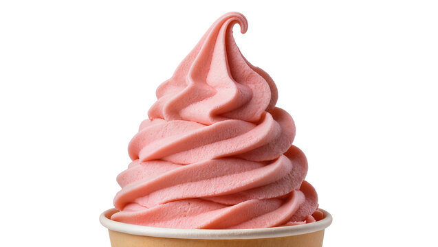 Pink strawberry soft serve ice cream swirl in a paper cup, isolated on transparent background