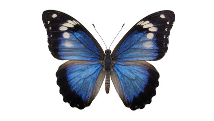 Vibrant blue morpho butterfly with black and white spots, isolated on transparent background © Elena