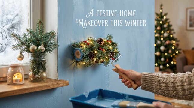 Festive home makeover concept with christmas tree paint roller