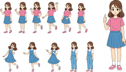Fototapeta premium Young Girl Character in Multiple Outfits and Dynamic Poses for Animation, Education, and Children’s Illustration Design