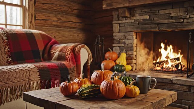 Rustic log cabin interior with a stone fireplace, burning logs, various pumpkins and gourds on a wooden table, a steaming mug, and a plaid blanket draped over an armchair.