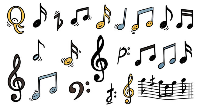 Playful hand drawn musical notes and symbols doodle collection