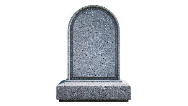 Arched gray granite tombstone with textured surface, isolated on transparent background