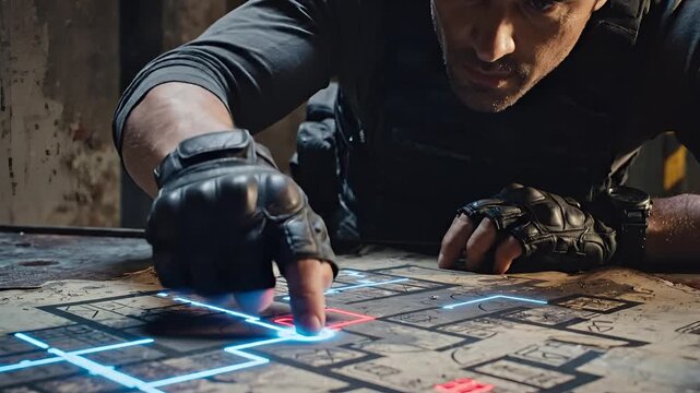 Man in tactical gear studying holographic map on table.