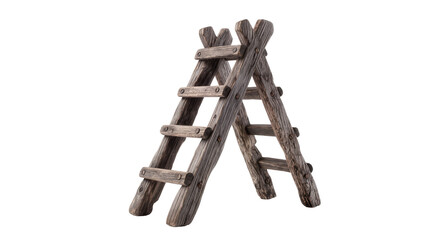 Rustic wooden A-frame ladder with rough texture, isolated on transparent background © Elena