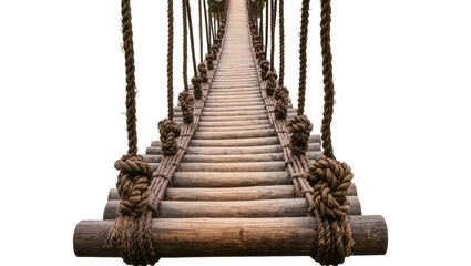 Rustic wooden rope bridge with thick knotted ropes, isolated on transparent background © Elena