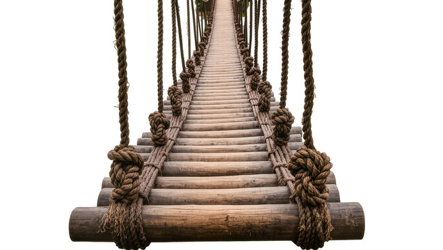 Rustic wooden rope bridge with thick knotted ropes, isolated on transparent background