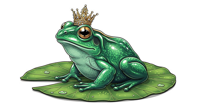 Royal green frog prince wearing golden crown on a lily pad