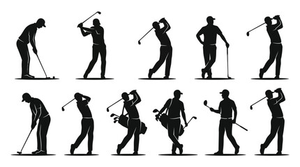 Naklejka premium A collection of minimalist flat vector silhouettes of golfers in different poses.