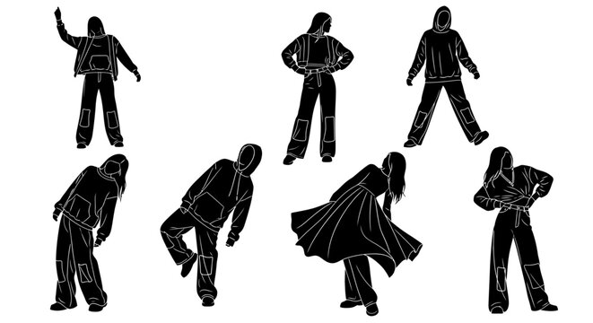 Set of black silhouettes of dancers in various expressive poses