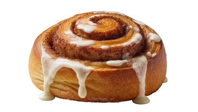 Fluffy cinnamon roll with sweet white icing dripping down, isolated on transparent background