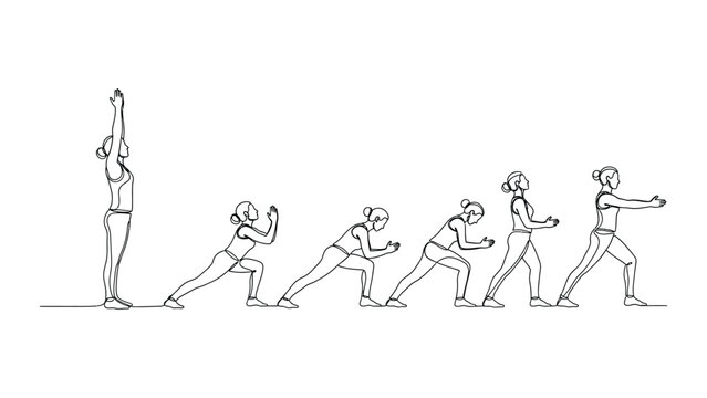 Continuous line drawing of a woman performing lunges exercise routine.