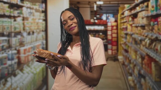 Woman holding pastry and smiling while checking wrapped bread in grocery aisle building; everyday joy.