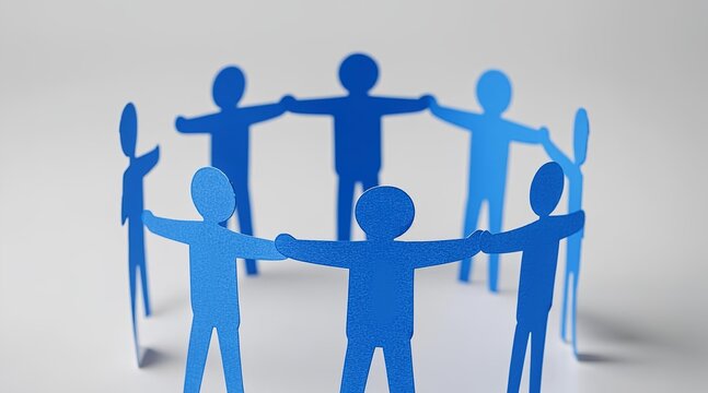 Circle of blue paper people holding hands symbolizing unity and teamwork