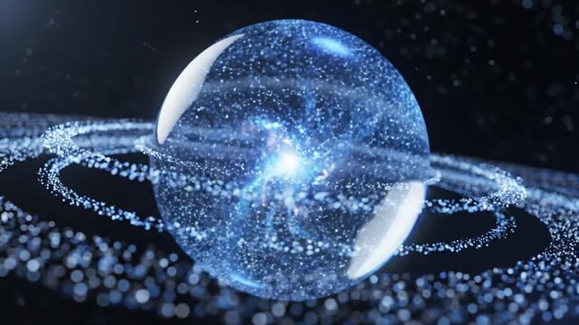 Translucent glowing blue sphere containing a swirling nebula, surrounded by multiple concentric rings of blue particles and stars, positioned in a dark cosmic space environment.